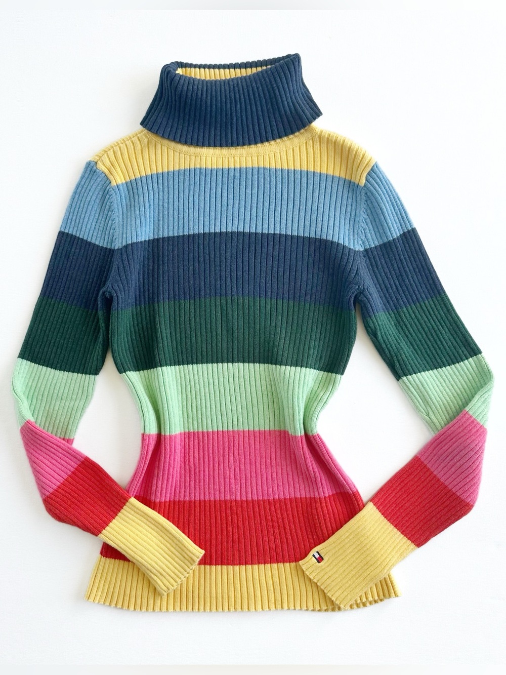 2000s Vintage Tommy Rainbow Turtleneck Ribbed Knit Striped Sweater 100% Cotton